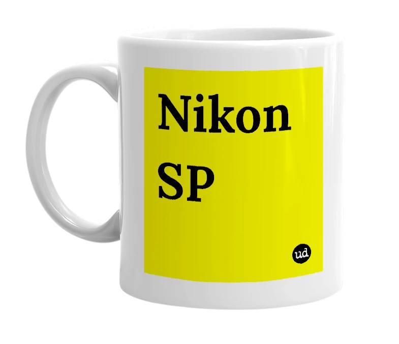 White mug with 'Nikon SP' in bold black letters