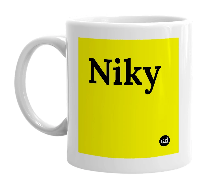 White mug with 'Niky' in bold black letters