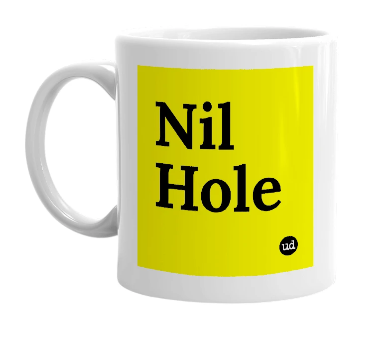 White mug with 'Nil Hole' in bold black letters