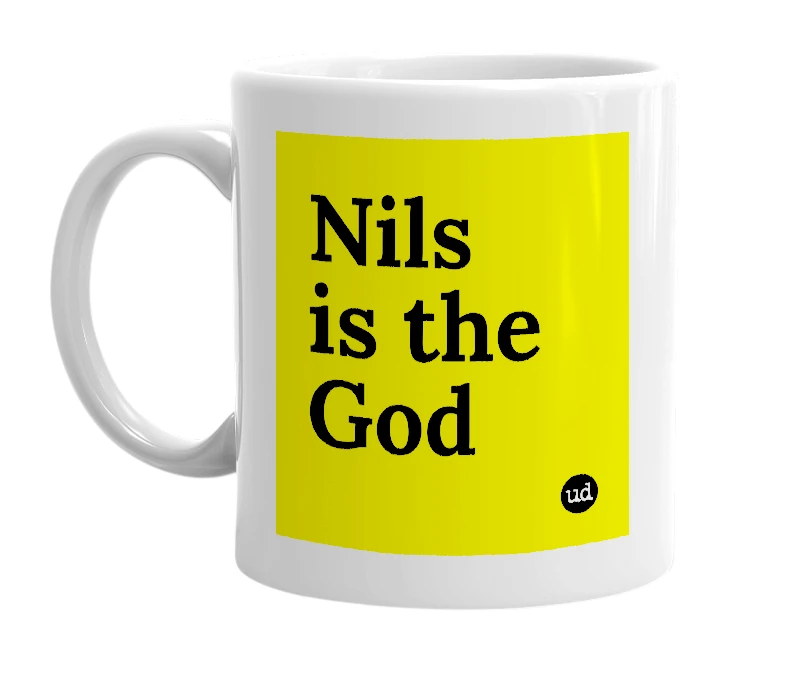 White mug with 'Nils is the God' in bold black letters