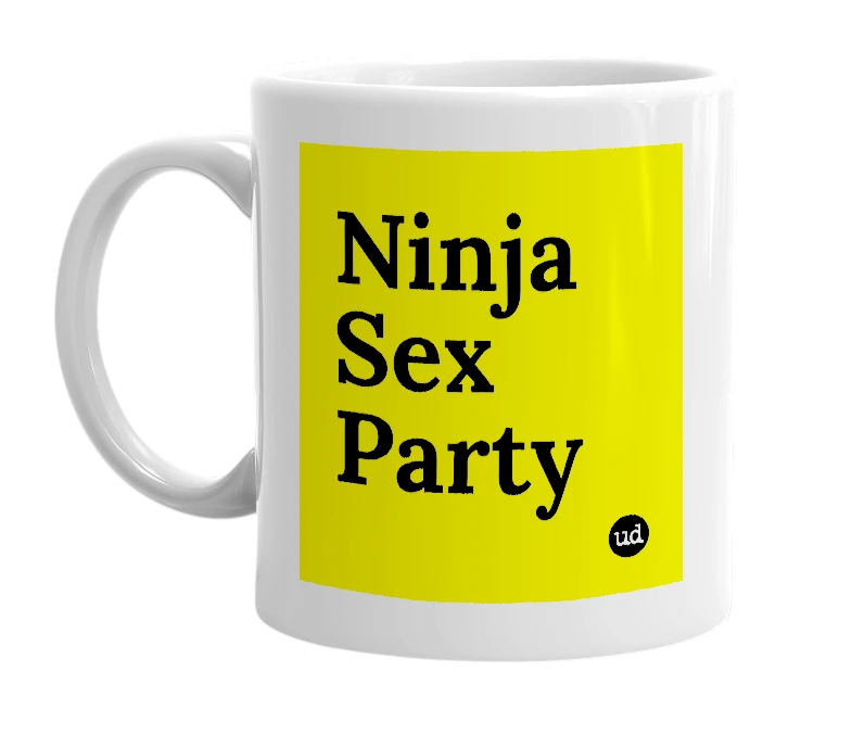 White mug with 'Ninja Sex Party' in bold black letters