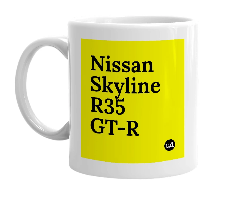 White mug with 'Nissan Skyline R35 GT-R' in bold black letters