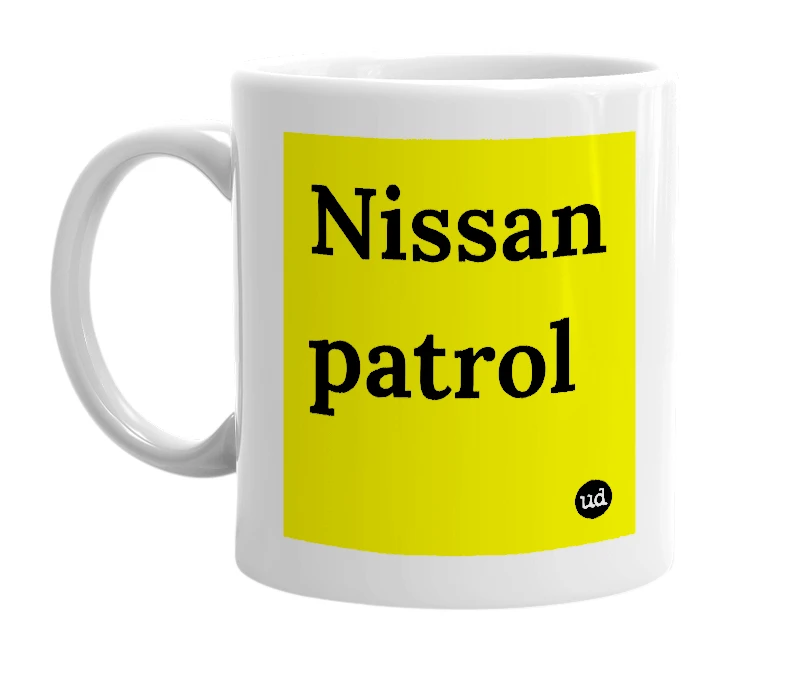 White mug with 'Nissan patrol' in bold black letters