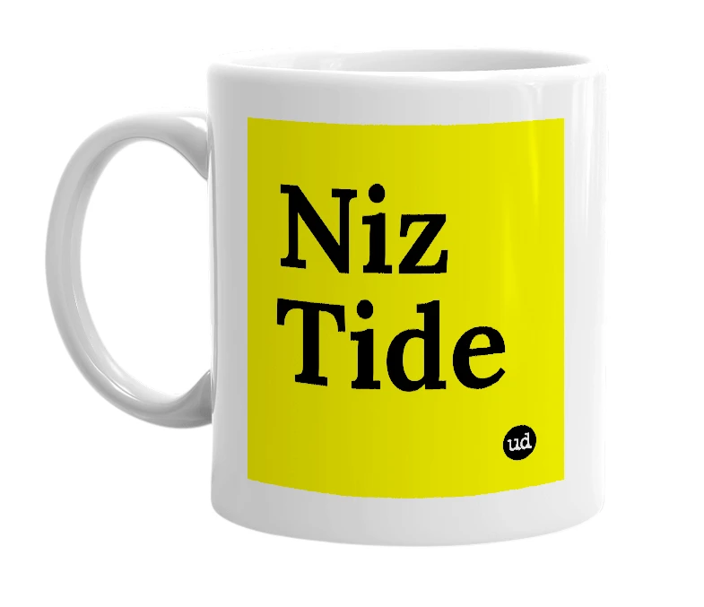 White mug with 'Niz Tide' in bold black letters