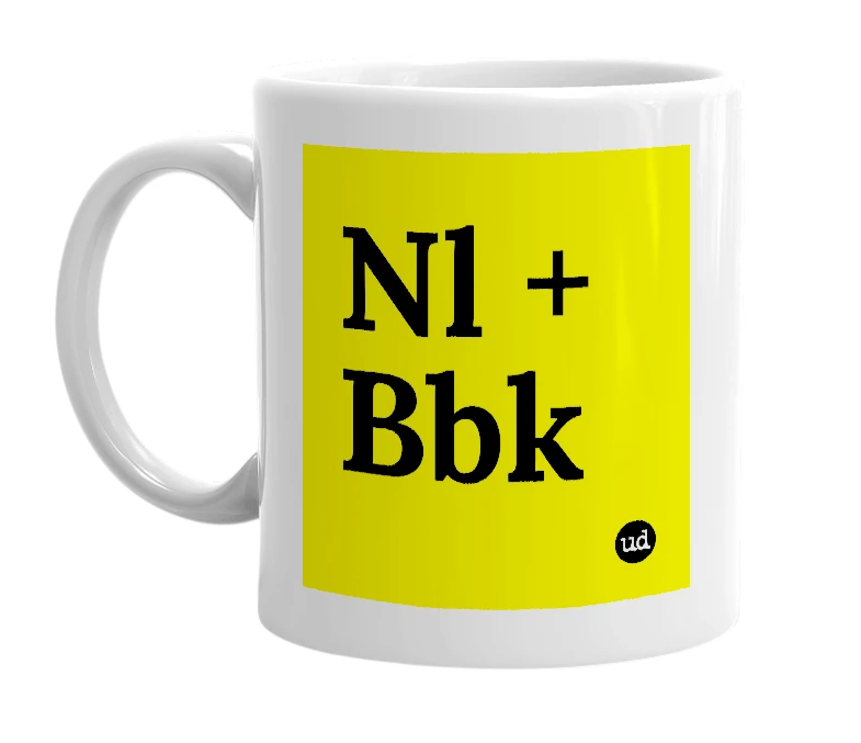 White mug with 'Nl + Bbk' in bold black letters