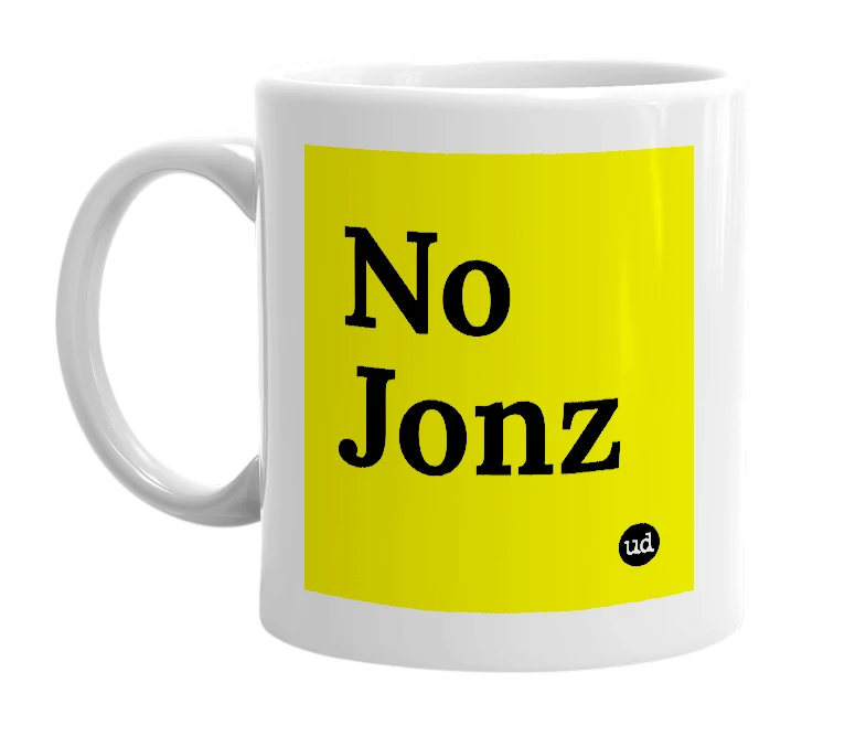 White mug with 'No Jonz' in bold black letters