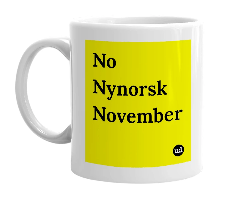 White mug with 'No Nynorsk November' in bold black letters