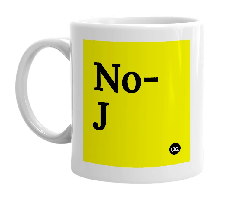 White mug with 'No-J' in bold black letters