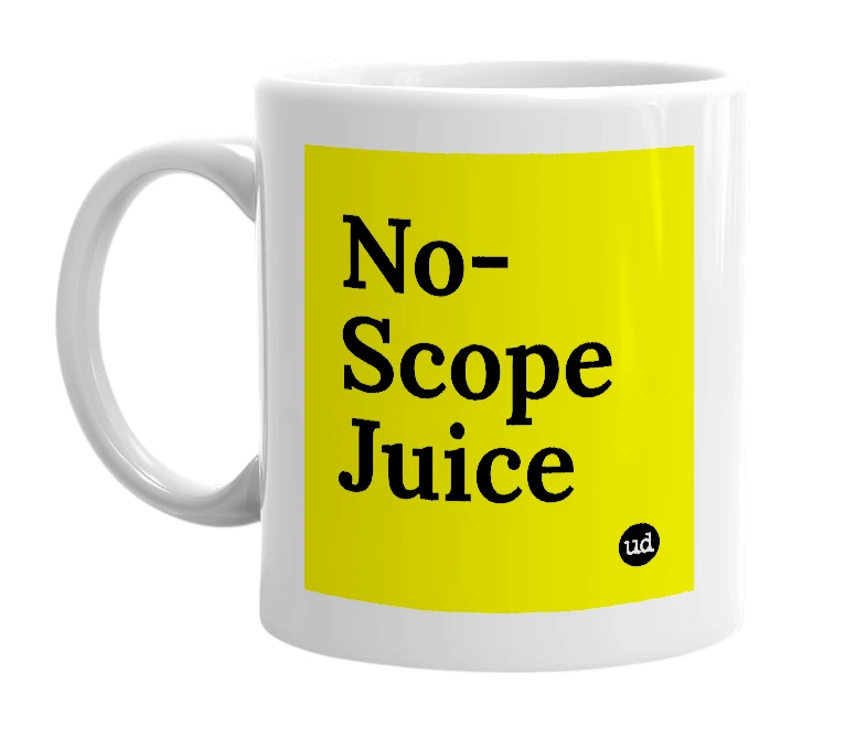 White mug with 'No-Scope Juice' in bold black letters