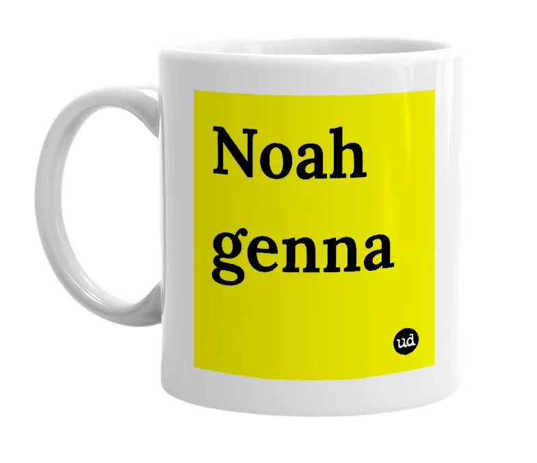 White mug with 'Noah genna' in bold black letters