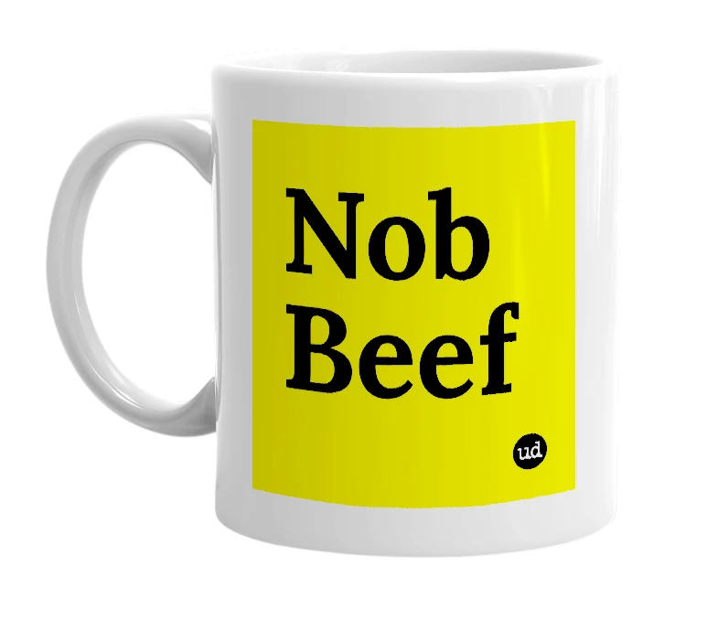 White mug with 'Nob Beef' in bold black letters