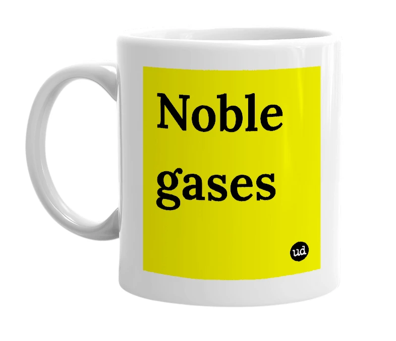 White mug with 'Noble gases' in bold black letters