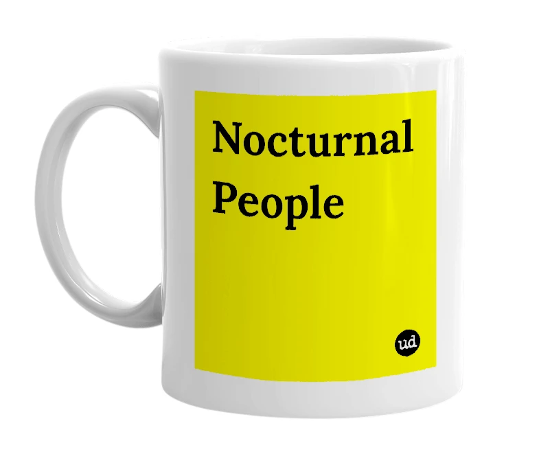 White mug with 'Nocturnal People' in bold black letters