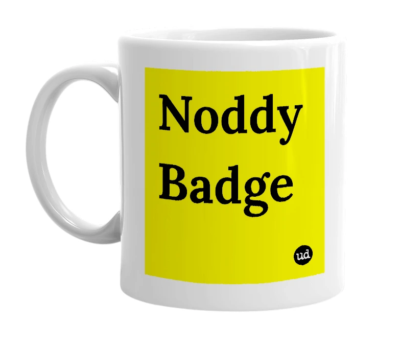 White mug with 'Noddy Badge' in bold black letters