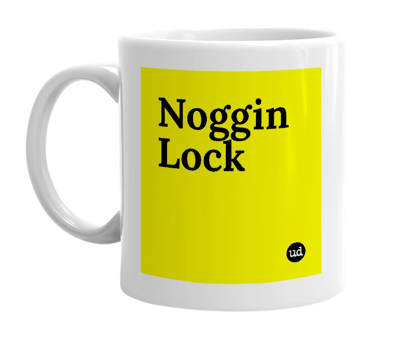 White mug with 'Noggin Lock' in bold black letters