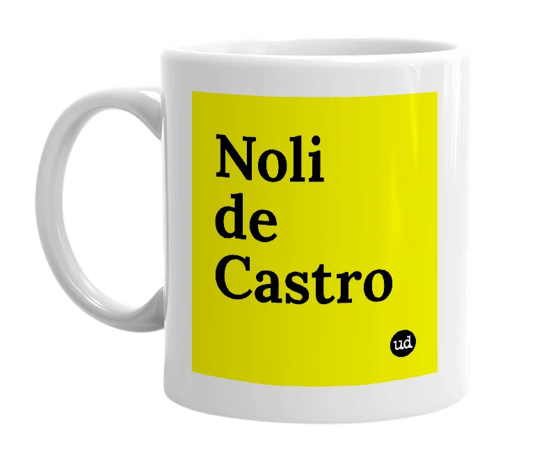 White mug with 'Noli de Castro' in bold black letters