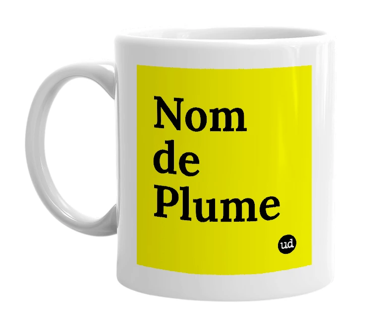 White mug with 'Nom de Plume' in bold black letters