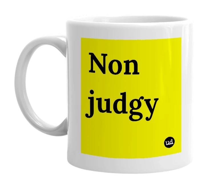 White mug with 'Non judgy' in bold black letters