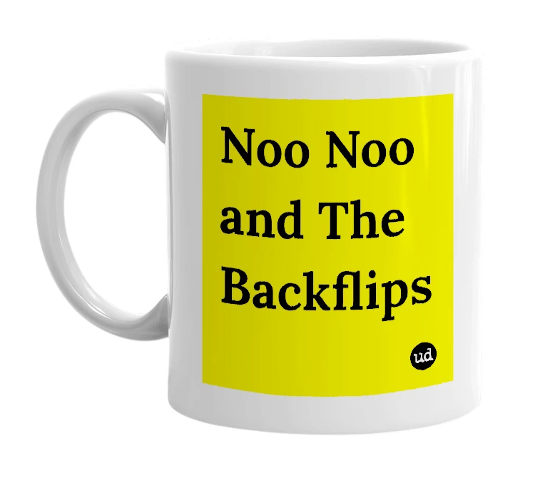 White mug with 'Noo Noo and The Backflips' in bold black letters