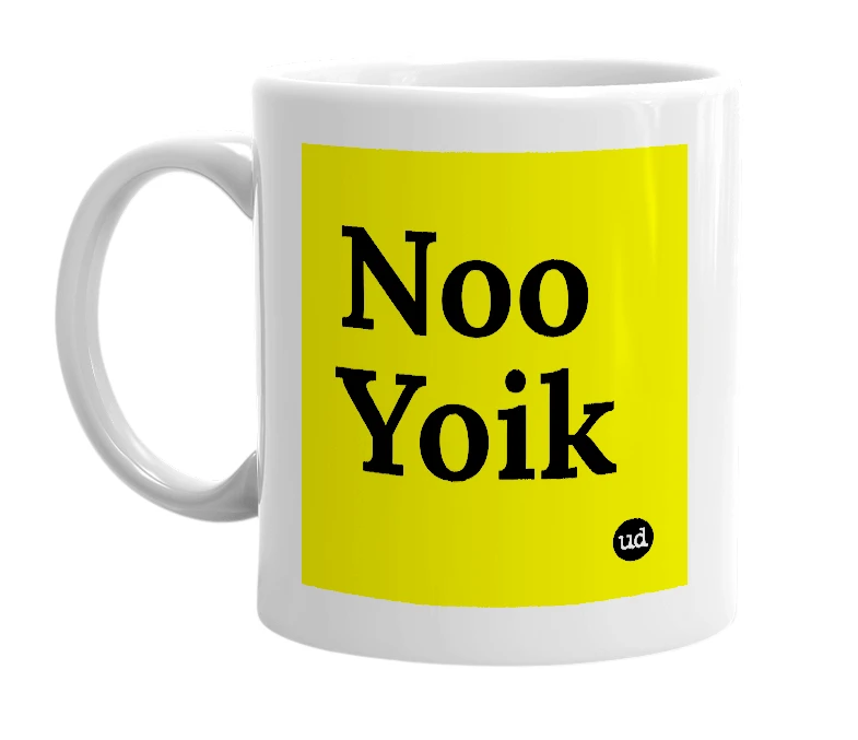 White mug with 'Noo Yoik' in bold black letters