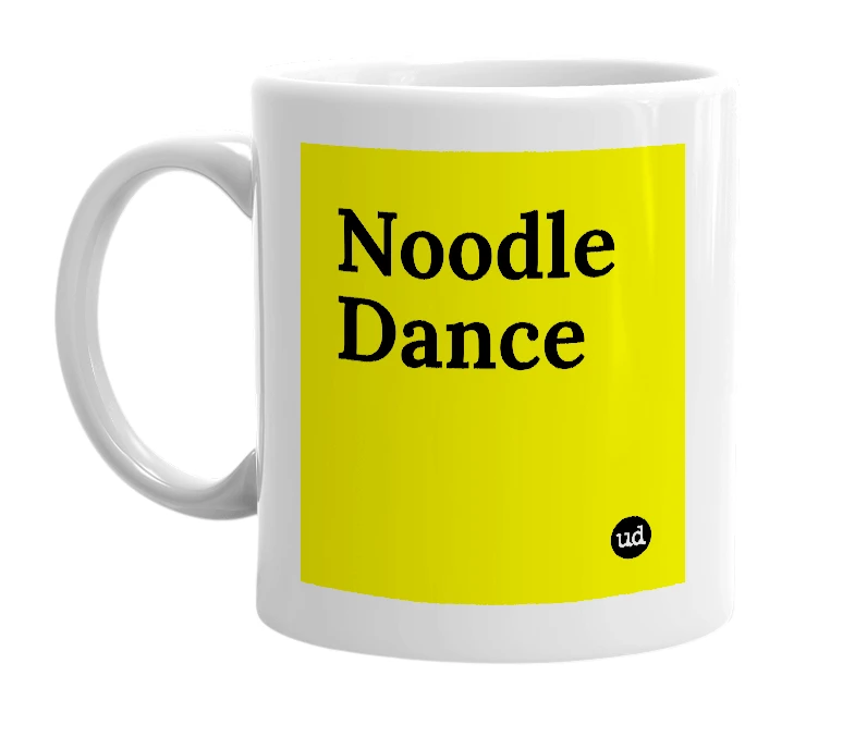 White mug with 'Noodle Dance' in bold black letters