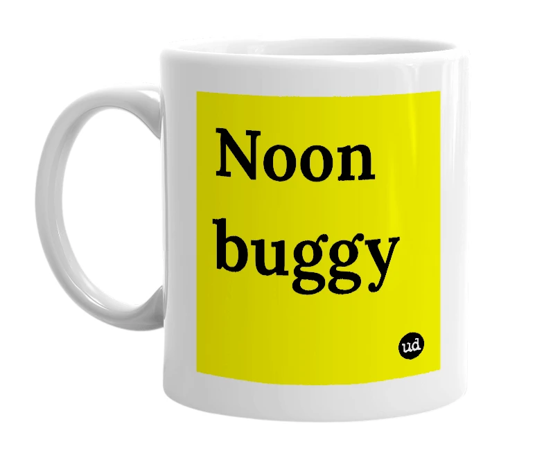 White mug with 'Noon buggy' in bold black letters