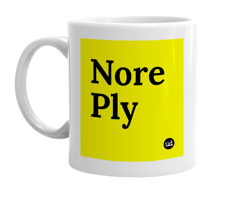 White mug with 'Nore Ply' in bold black letters