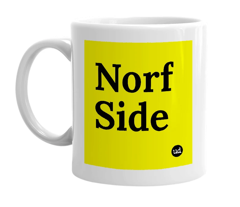 White mug with 'Norf Side' in bold black letters