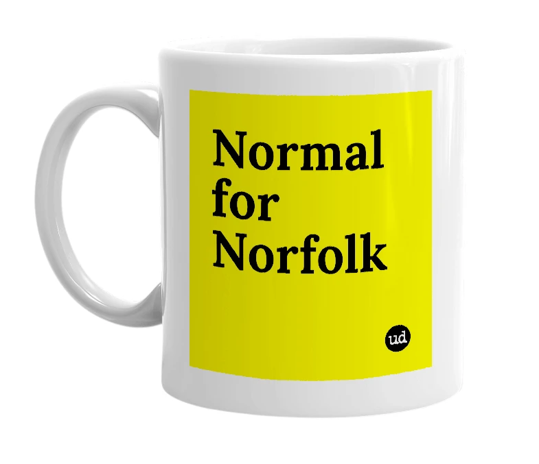 White mug with 'Normal for Norfolk' in bold black letters