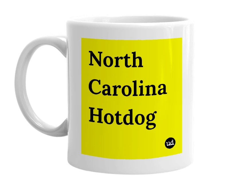 White mug with 'North Carolina Hotdog' in bold black letters