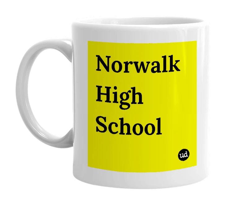 White mug with 'Norwalk High School' in bold black letters