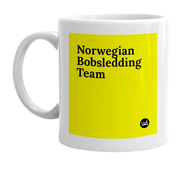 White mug with 'Norwegian Bobsledding Team' in bold black letters