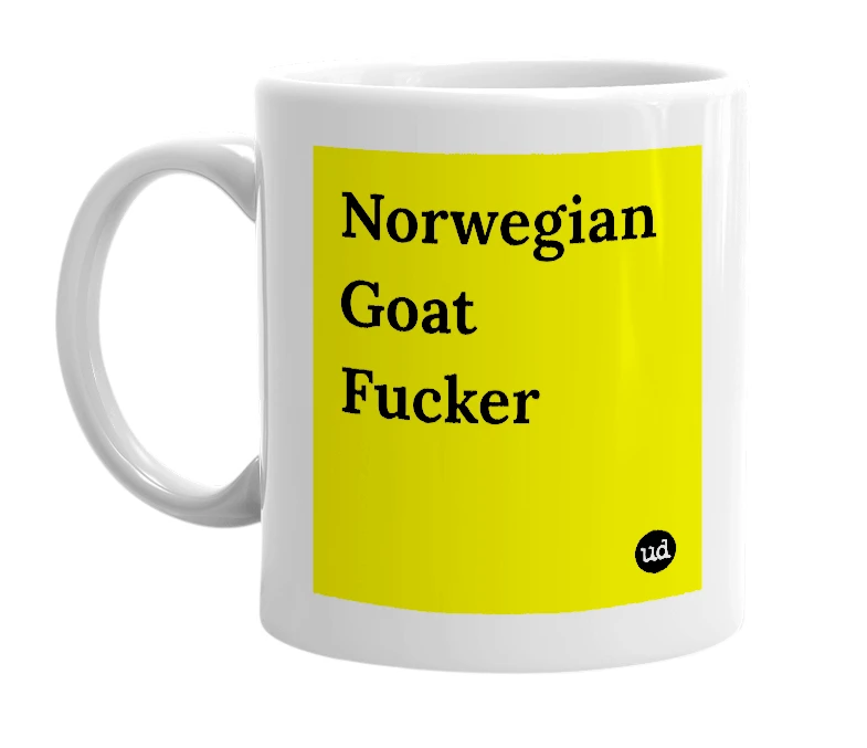 White mug with 'Norwegian Goat Fucker' in bold black letters