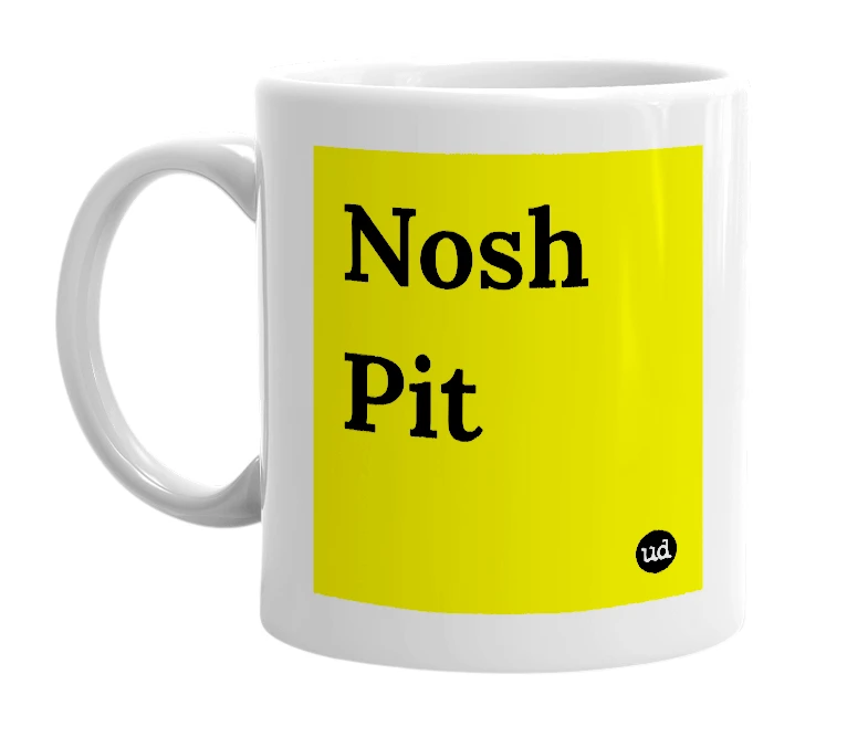 White mug with 'Nosh Pit' in bold black letters