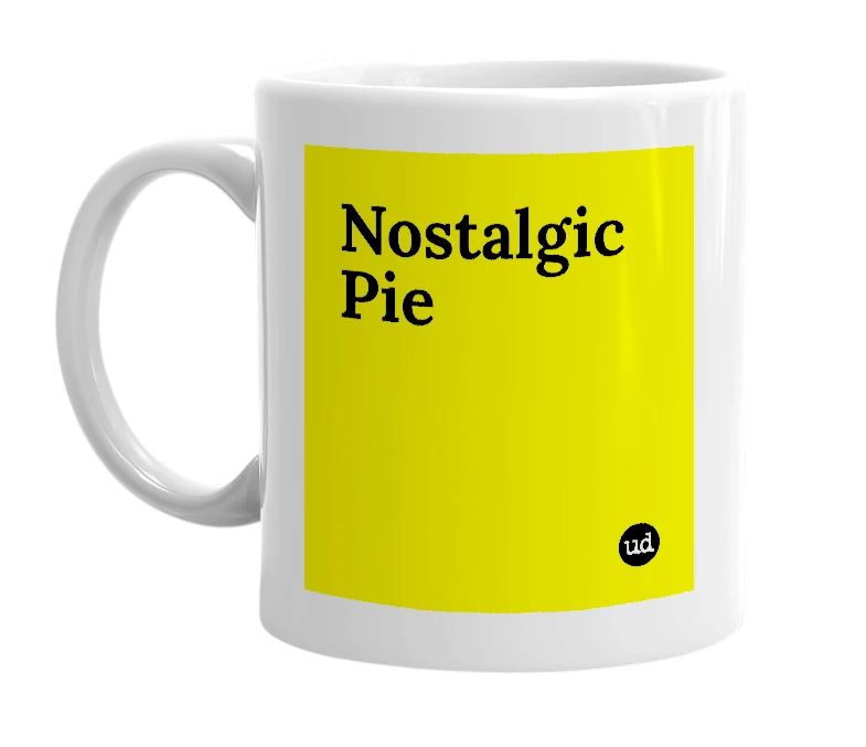 White mug with 'Nostalgic Pie' in bold black letters