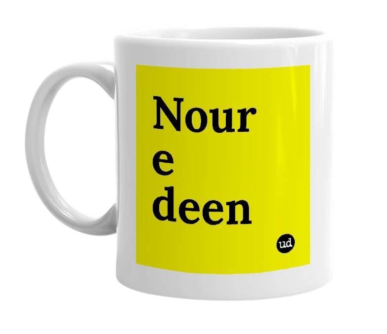 White mug with 'Nour e deen' in bold black letters