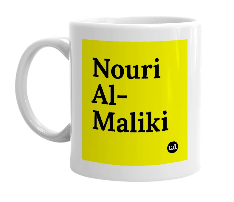 White mug with 'Nouri Al-Maliki' in bold black letters