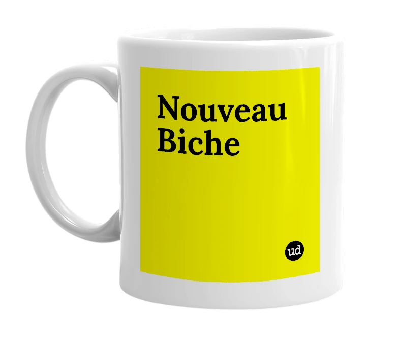 White mug with 'Nouveau Biche' in bold black letters
