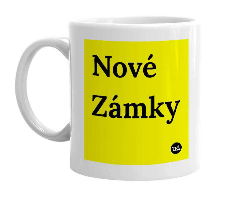 White mug with 'Nové Zámky' in bold black letters
