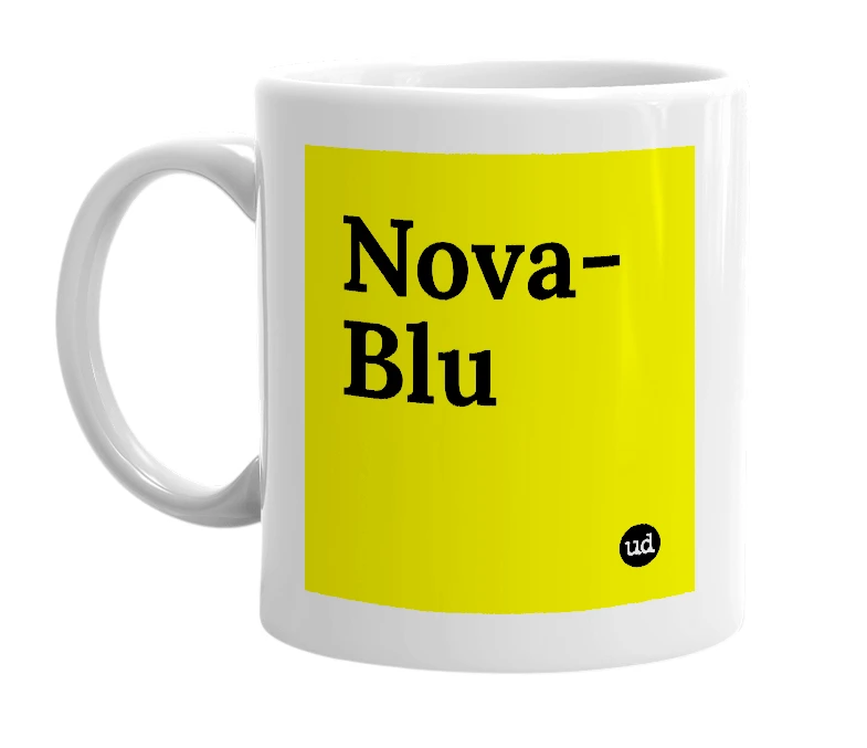 White mug with 'Nova-Blu' in bold black letters