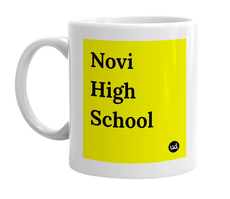 White mug with 'Novi High School' in bold black letters