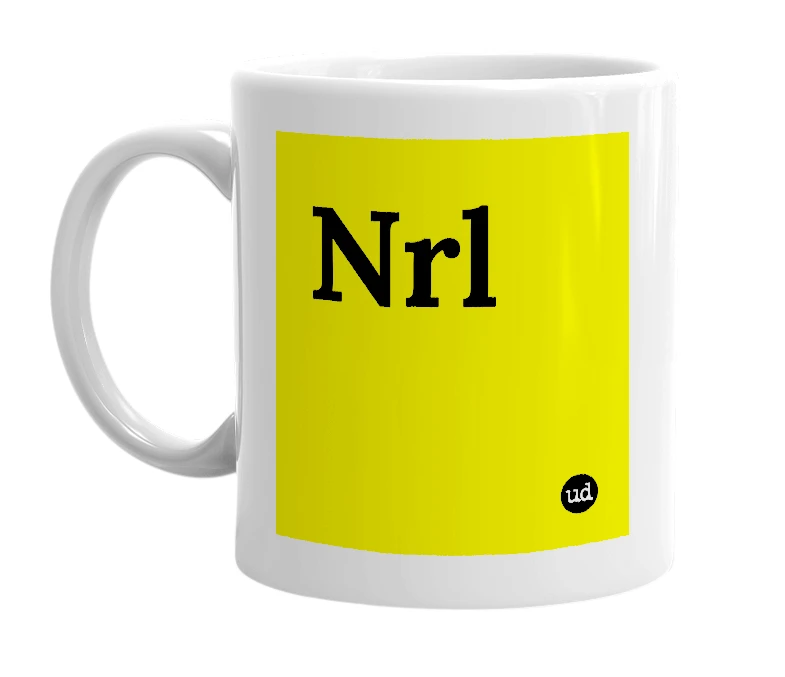 White mug with 'Nrl' in bold black letters