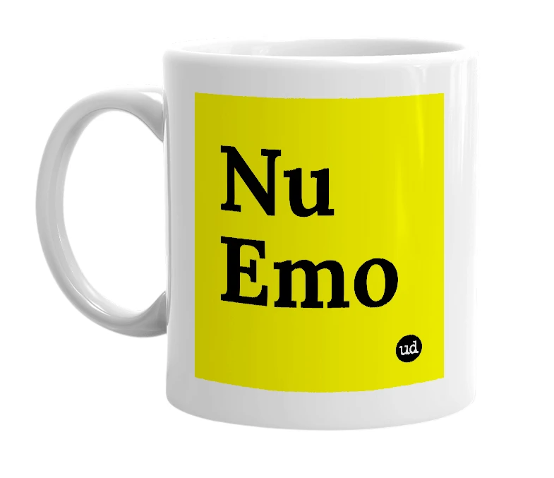 White mug with 'Nu Emo' in bold black letters