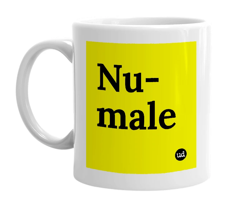 White mug with 'Nu-male' in bold black letters