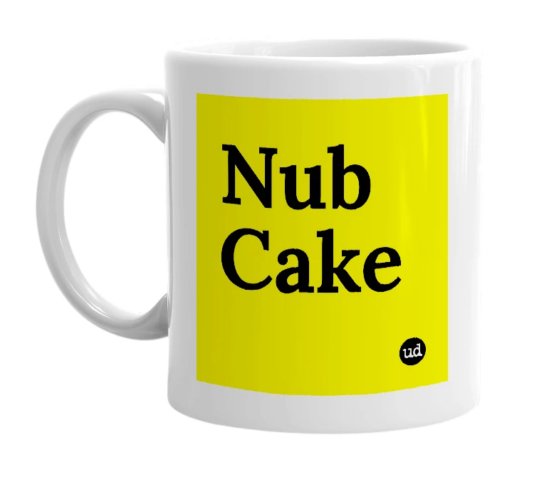 White mug with 'Nub Cake' in bold black letters