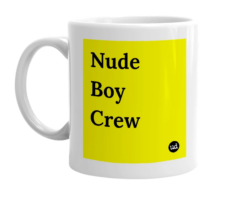 White mug with 'Nude Boy Crew' in bold black letters