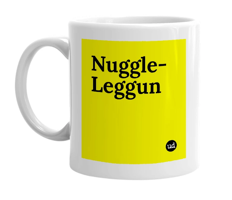 White mug with 'Nuggle-Leggun' in bold black letters