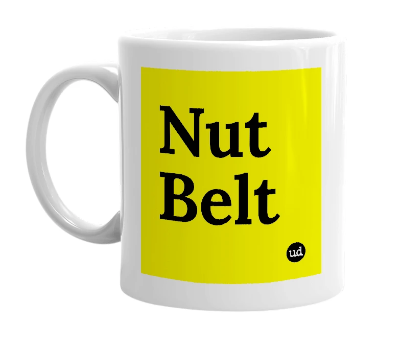 White mug with 'Nut Belt' in bold black letters