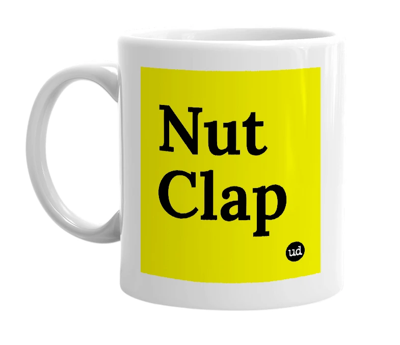 White mug with 'Nut Clap' in bold black letters