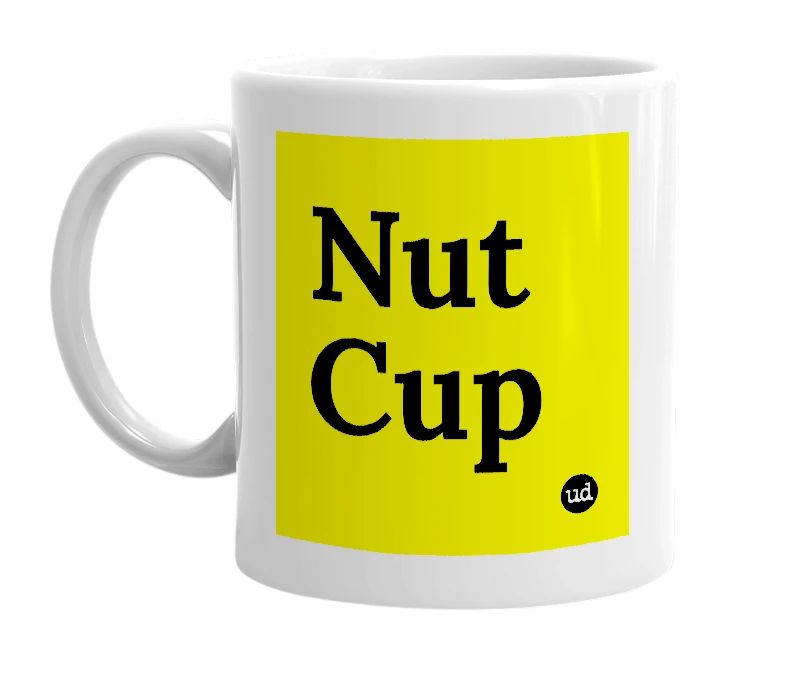 White mug with 'Nut Cup' in bold black letters